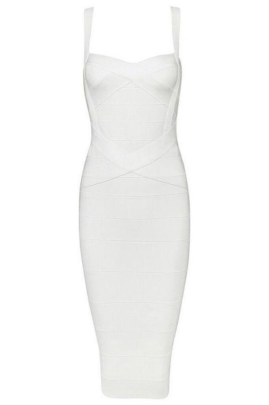 Woman wearing a white party dress Heidi Bandage Midi Dress - Pearl White Bodycon Collection