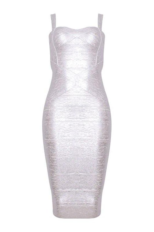 Woman wearing a figure flattering silver party dress Heidi Bandage Midi Dress - Silver BODYCON COLLECTION