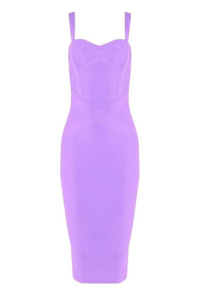Woman wearing a violet party dress Heidi Bandage Midi Dress - Violet Bodycon Collection