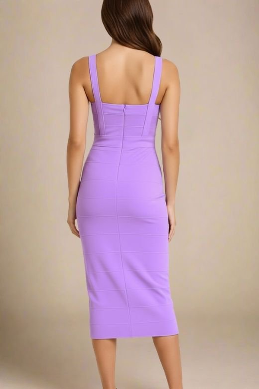 Woman wearing a figure flattering violet party dress Heidi Bandage Midi Dress - Violet Purple Bodycon Collection