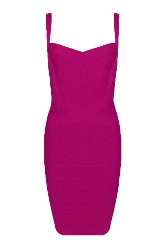Woman wearing a figure flattering Heidi Bandage Mini Dress - Magenta Pink Bodycon Collection
