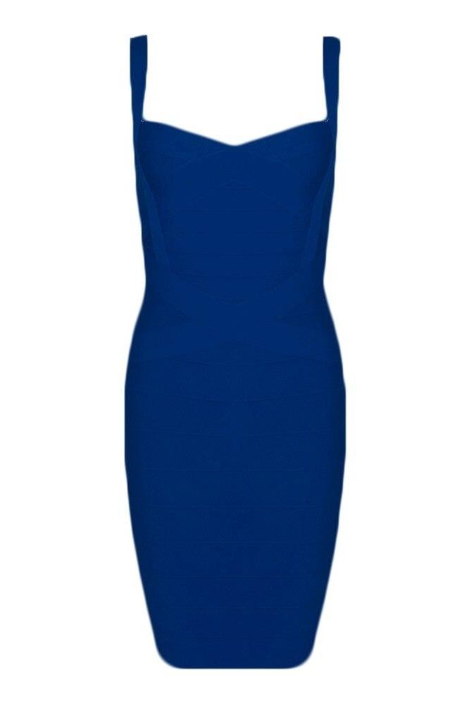 Woman wearing a figure flattering Heidi Bandage Mini Dress - Navy Blue Bodycon Collection