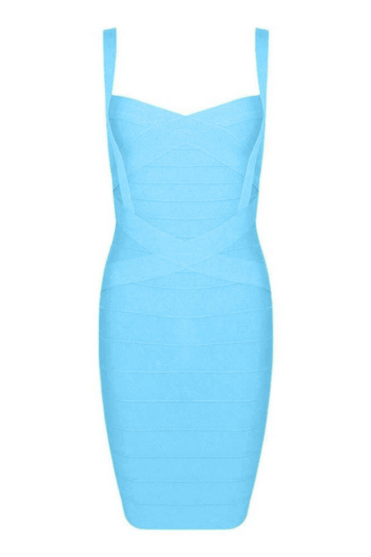 Woman wearing a figure flattering Heidi Bandage Mini Dress - Sky Blue Bodycon Collection
