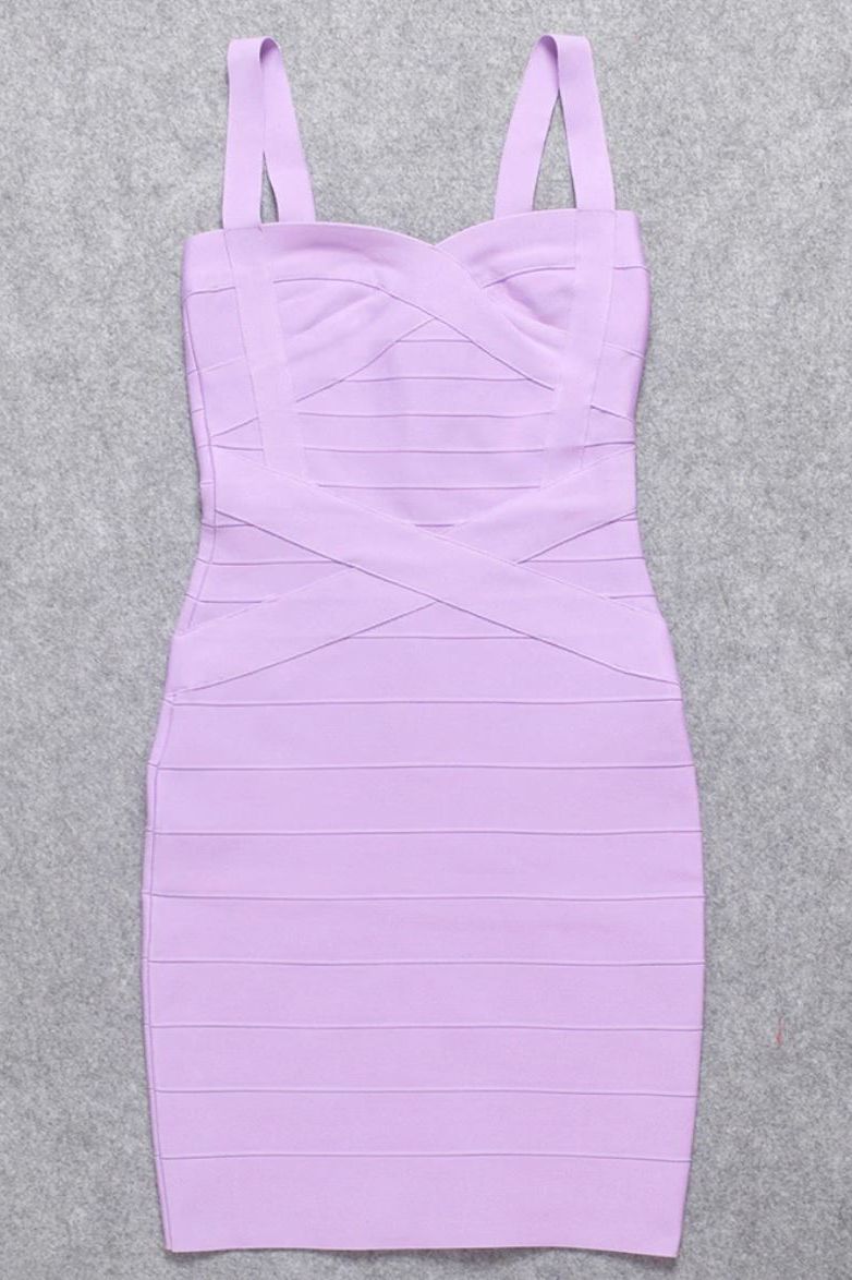 Woman wearing a figure flattering Heidi Bandage Mini Dress - Violet Bodycon Collection