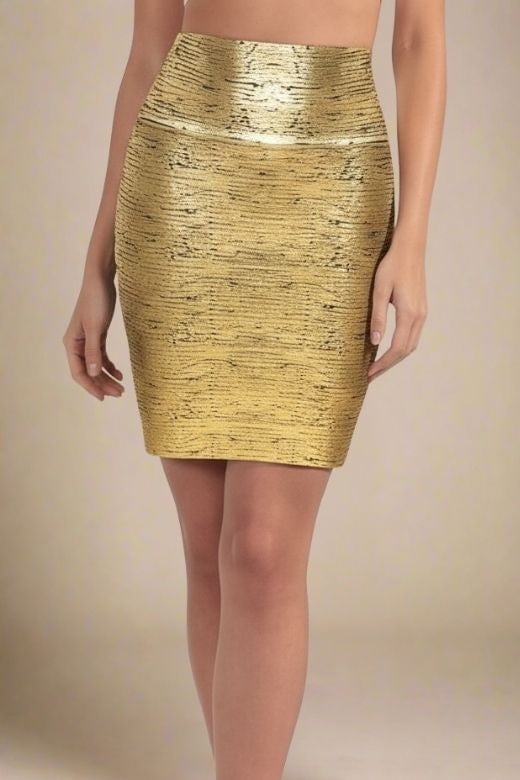 Woman wearing a figure flattering High Waist Leather Pencil Skirt Mini Length - Metallic Gold Black BODYCON COLLECTION