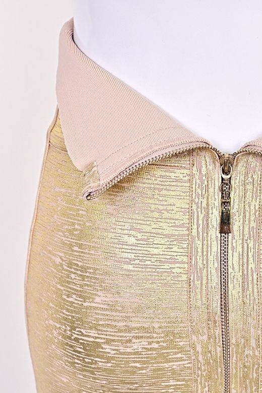 Woman wearing a figure flattering High Waist Leather Pencil Skirt Mini Length - Metallic Gold BODYCON COLLECTION