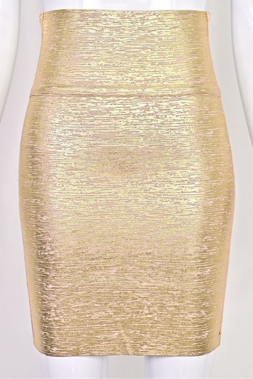 Woman wearing a figure flattering High Waist Leather Pencil Skirt Mini Length - Metallic Gold BODYCON COLLECTION