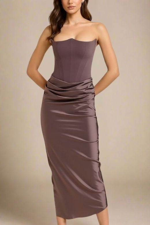 Woman wearing a figure flattering Hope Bodycon Wrap Maxi Dress - Coffee Brown BODYCON COLLECTION