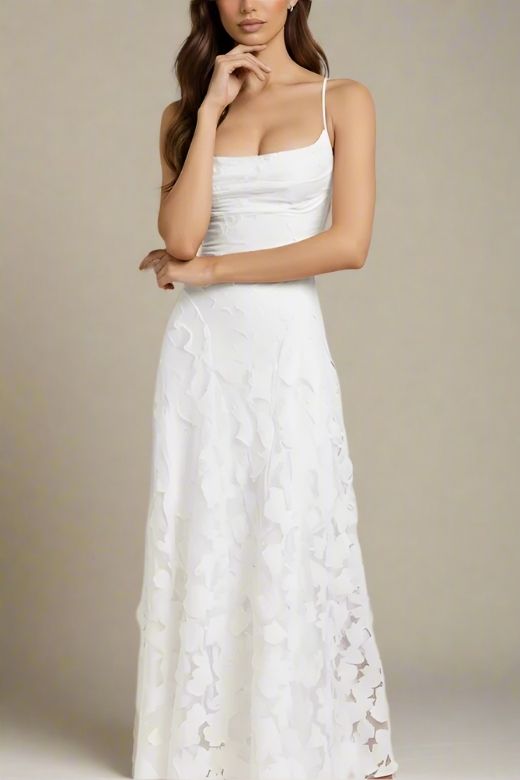 Woman wearing a figure flattering Ivy Bodycon Maxi Dress - White Pearl BODYCON COLLECTION