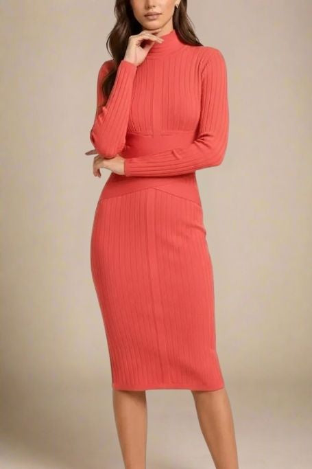 Woman wearing a figure flattering Jane Long Sleeve Bodycon Midi Dress - Lipstick Red Bodycon Collection