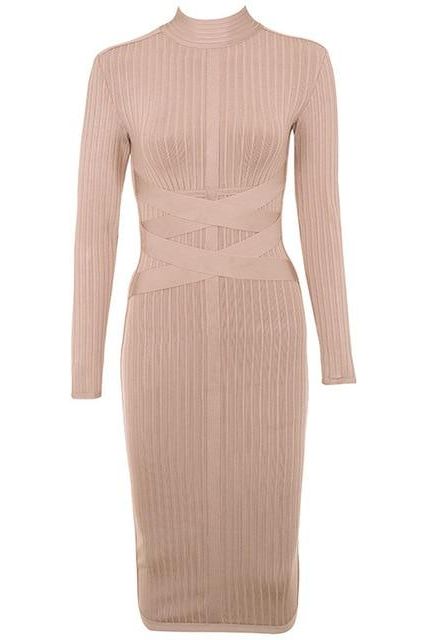 Woman wearing a nude party dress Jane Long Sleeve Bodycon Midi Dress - Nude Bodycon Collection