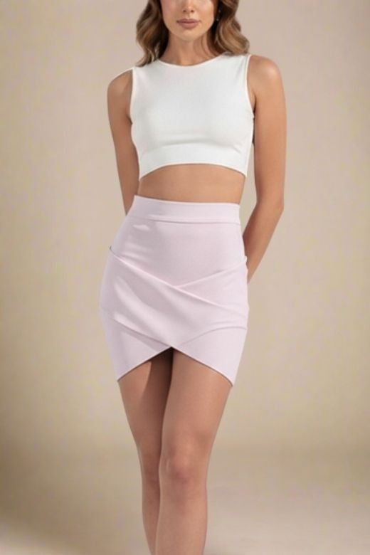 Woman wearing a figure flattering Jay High Waist Bandage Mini Skirt - Cream BODYCON COLLECTION
