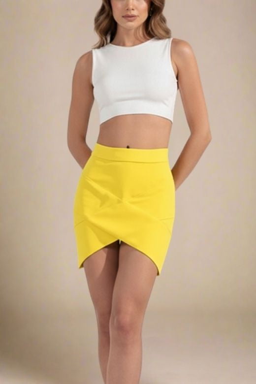 Woman wearing a figure flattering Jay High Waist Bandage Mini Skirt - Sun Yellow BODYCON COLLECTION