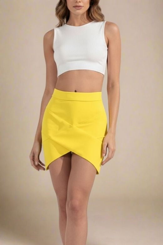 Woman wearing a figure flattering Jay High Waist Bandage Mini Skirt - Sun Yellow BODYCON COLLECTION