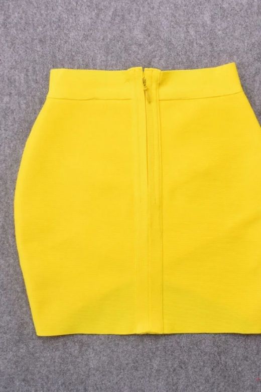 Woman wearing a figure flattering Jay High Waist Bandage Mini Skirt - Sun Yellow BODYCON COLLECTION