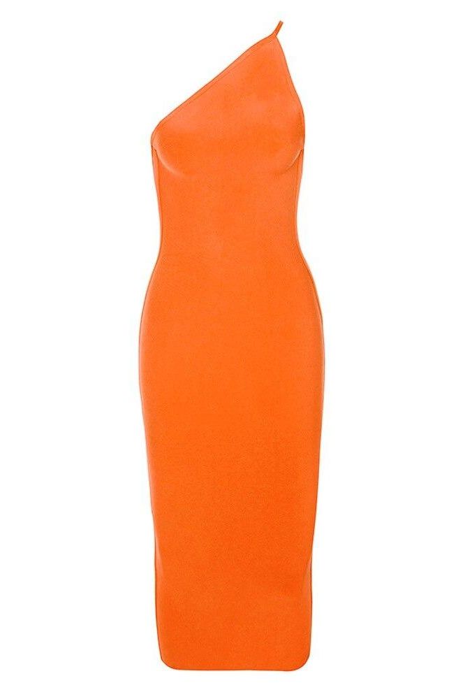 Woman wearing a figure flattering Joi Bodycon Midi Dress - Apricot Orange Bodycon Collection