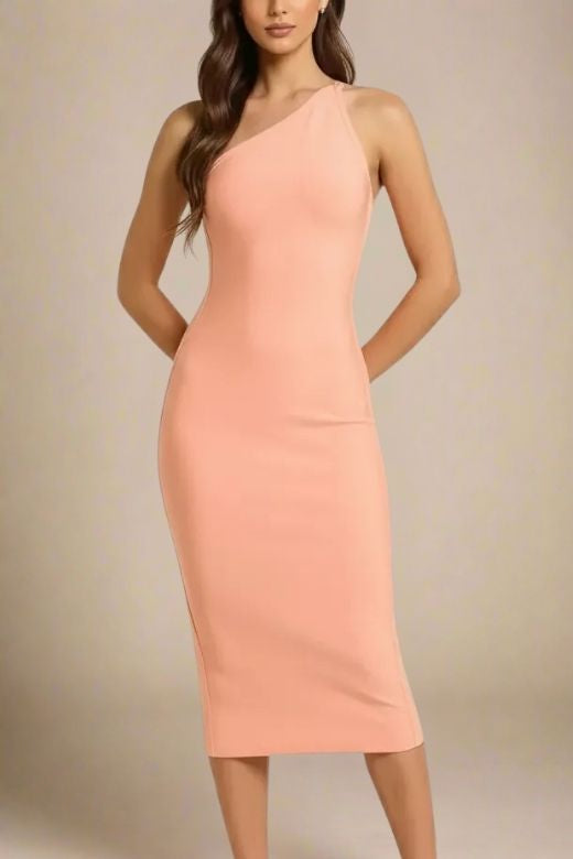 Woman wearing a figure flattering Joi Bodycon Midi Dress - Peach Bodycon Collection