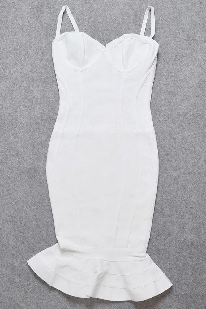 Woman wearing a figure flattering Joy Bandage Midi Dress - Pearl White Bodycon Collection