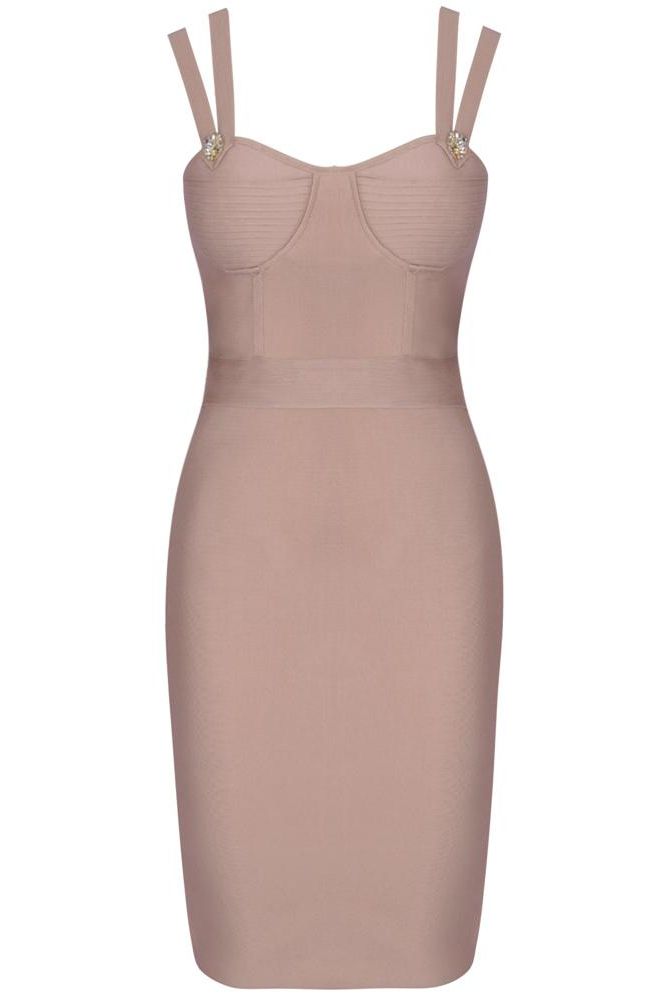 Woman wearing a figure flattering Kate Bandage Dress - Nude Bodycon Collection