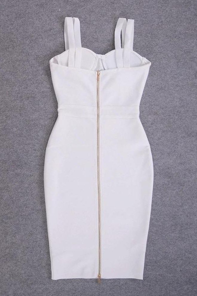 Woman wearing a figure flattering Kate Bandage Dress - Pearl White Bodycon Collection