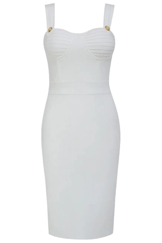 Woman wearing a figure flattering Kate Bandage Dress - Pearl White Bodycon Collection