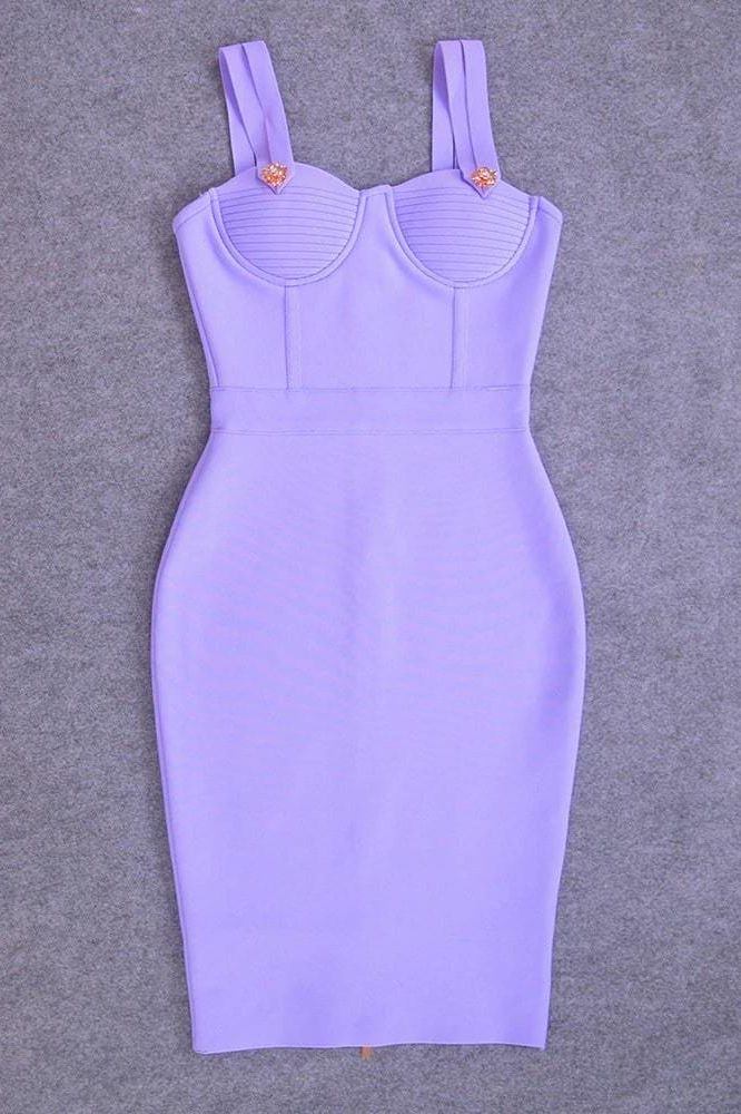 Woman wearing a figure flattering Kate Bandage Dress - Violet Bodycon Collection
