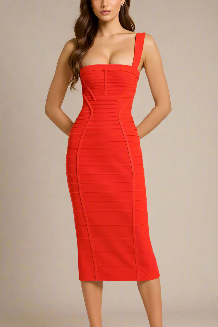 Woman wearing a figure flattering Kendall Bandage Midi Dress - Lipstick Red BODYCON COLLECTION