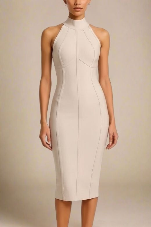 Woman wearing a figure flattering Lea Bandage Midi Dress - Nude Bodycon Collection
