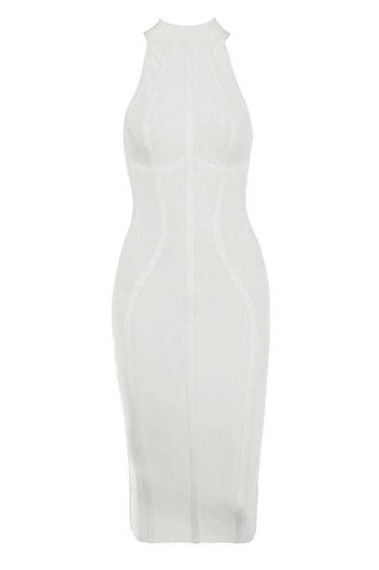 Woman wearing a figure flattering Lea Bandage Midi Dress - Pearl White Bodycon Collection