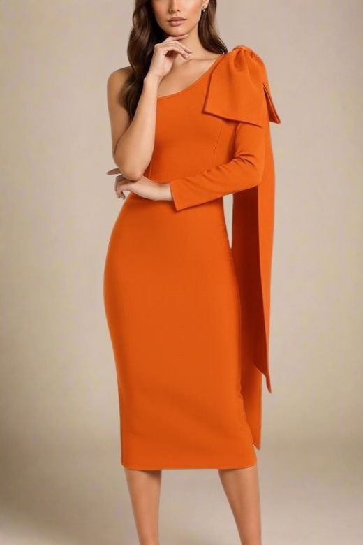 Woman wearing a figure flattering Lela Long Sleeve Bandage Midi Dress - Apricot Orange BODYCON COLLECTION