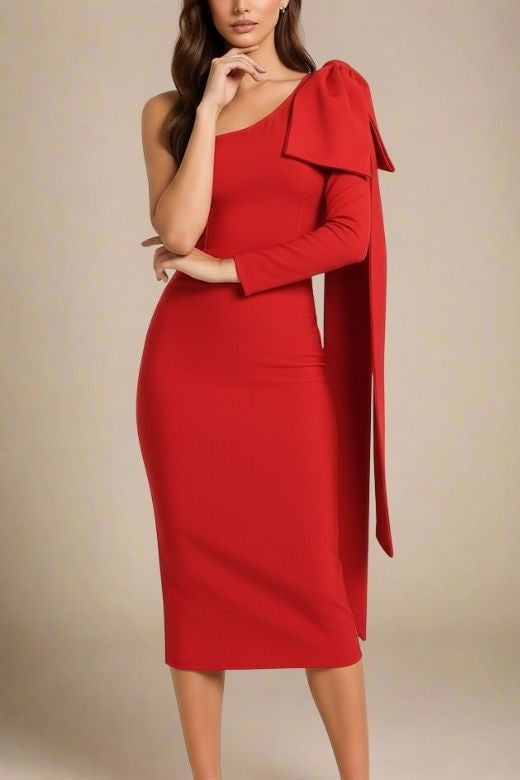 Woman wearing a figure flattering Lela Long Sleeve Bandage Midi Dress - Lipstick Red BODYCON COLLECTION