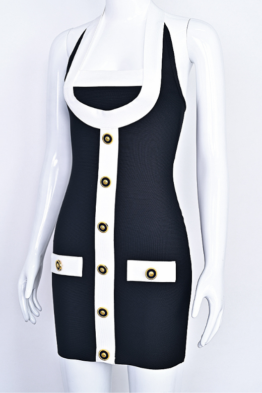 Woman wearing a figure flattering Leone Bandage Mini Dress - Classic Black BODYCON COLLECTION Pty Ltd