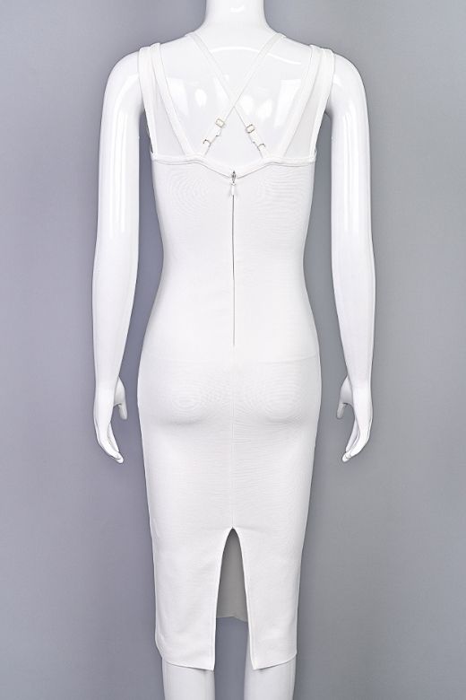 Woman wearing a figure flattering Lucy Bandage Midi Dress - White Pearl BODYCON COLLECTION
