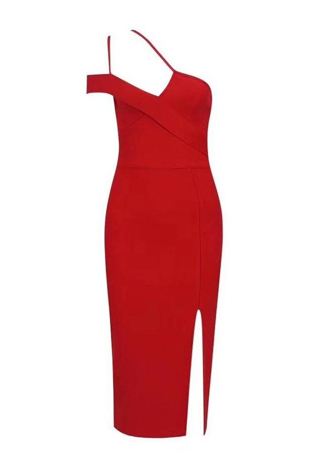 Woman wearing a figure flattering Luna Bodycon Dress - Lipstick Red Bodycon Collection