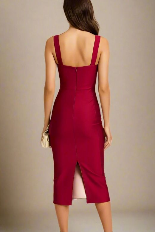 Woman wearing a figure flattering Marilyn Bodycon Wrap Midi Dress - Red Wine BODYCON COLLECTION