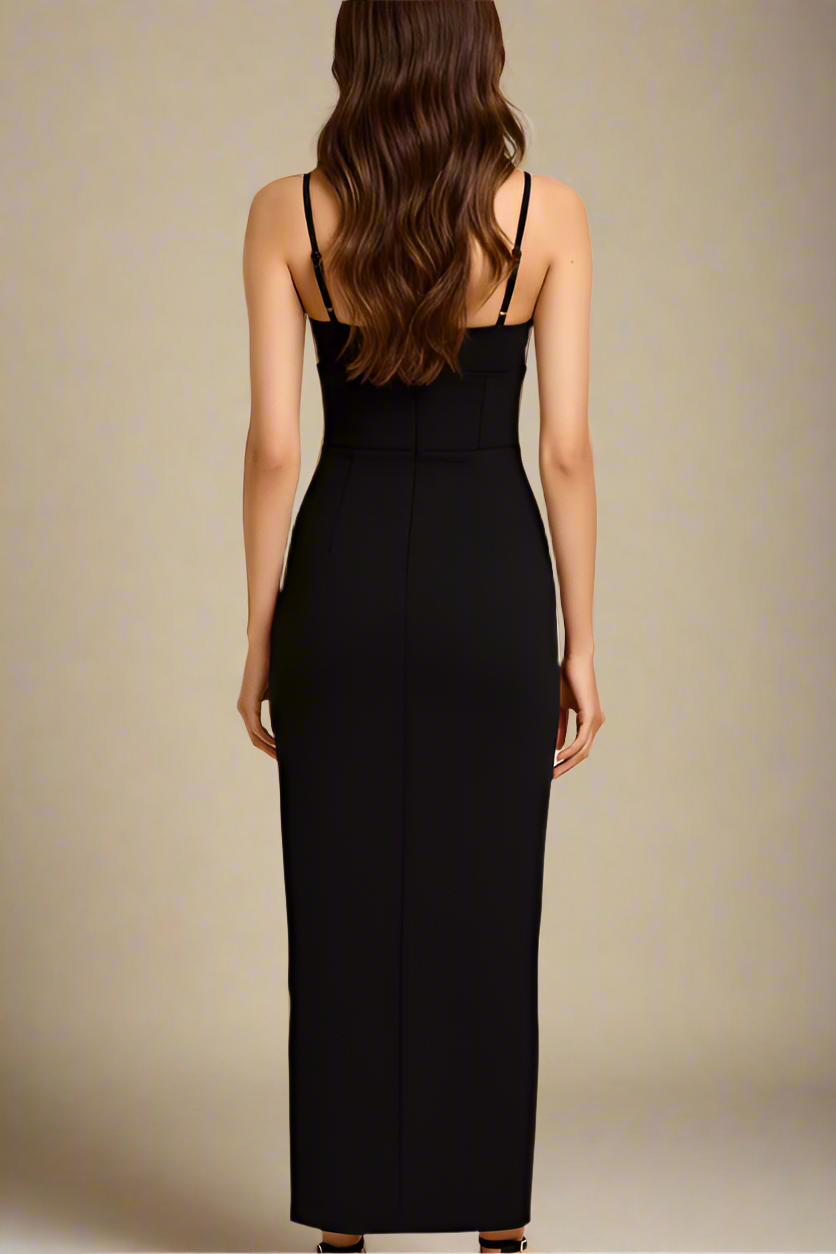 Woman wearing a figure flattering Milan Bandage Midi Dress - Classic Black BODYCON COLLECTION