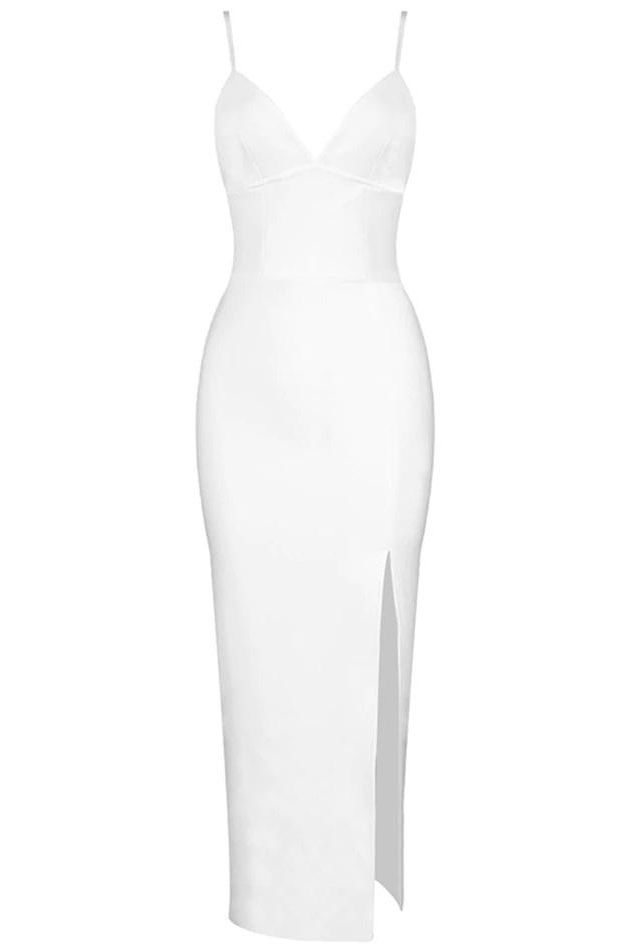 Woman wearing a figure flattering Milan Bandage Midi Dress - Pearl White BODYCON COLLECTION