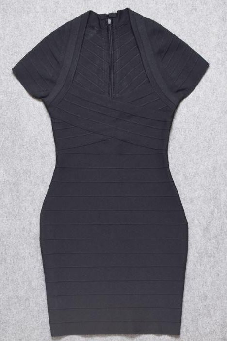 Woman wearing a figure flattering Miranda Bandage Mini Dress - Classic Black Bodycon Collection