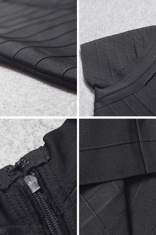 Woman wearing a figure flattering Miranda Bandage Mini Dress - Classic Black Bodycon Collection