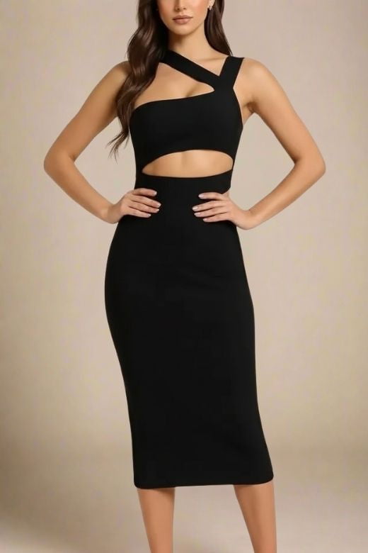 Woman wearing a figure flattering Molly Bandage Midi Dress - Classic Black BODYCON COLLECTION