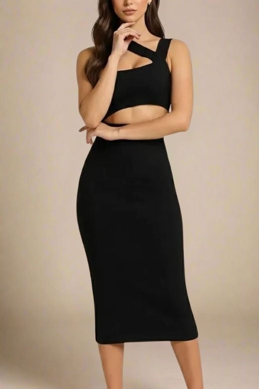 Woman wearing a figure flattering Molly Bandage Midi Dress - Classic Black BODYCON COLLECTION