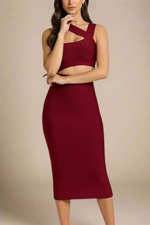 Woman wearing a figure flattering Molly Bandage Midi Dress - Red Wine BODYCON COLLECTION