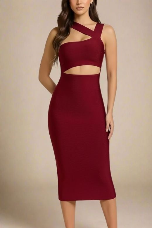 Woman wearing a figure flattering Molly Bandage Midi Dress - Red Wine BODYCON COLLECTION