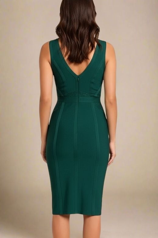 Woman wearing a figure flattering Noa V Neck Bodycon Dress - Emerald Green BODYCON COLLECTION