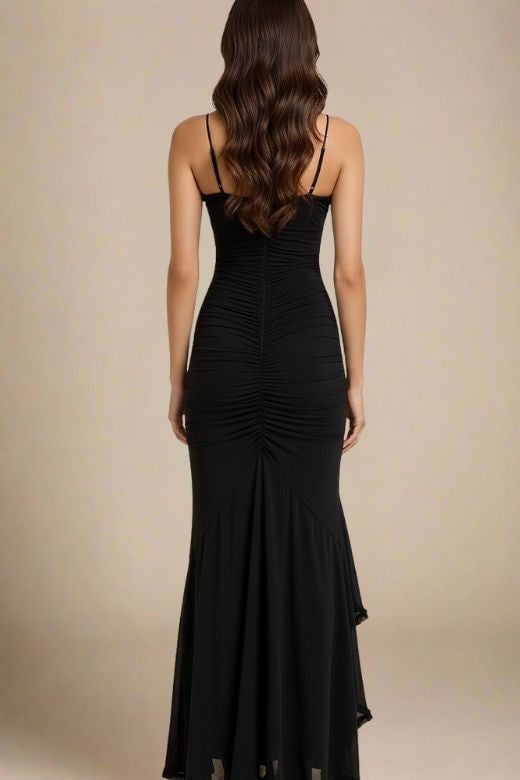 Woman wearing a figure flattering Noah Bodycon Wrap Midi Dress- Classic Black BODYCON COLLECTION