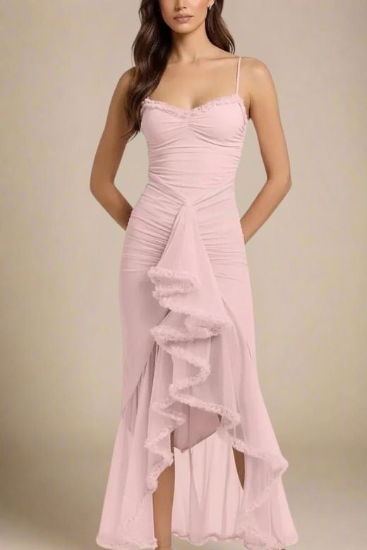 Woman wearing a figure flattering Noah Bodycon Wrap Midi Dress- Dusty Pink BODYCON COLLECTION