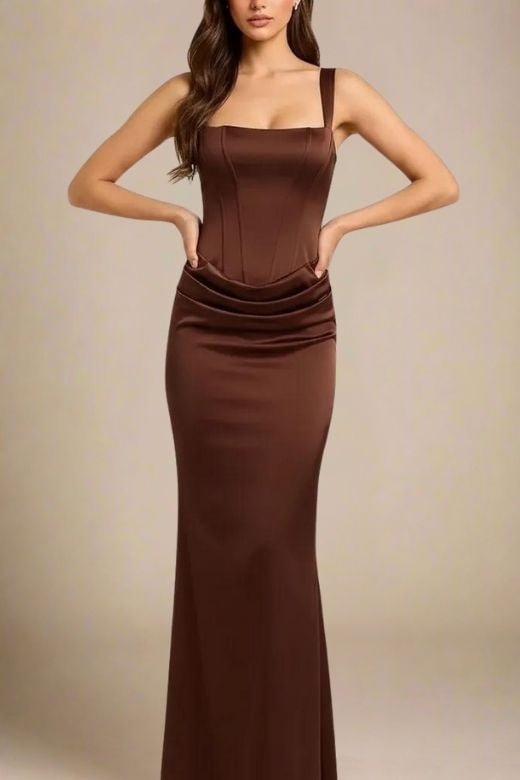 Woman wearing a figure flattering Nova Bodycon Wrap Maxi Dress - Coffee Brown BODYCON COLLECTION Pty Ltd