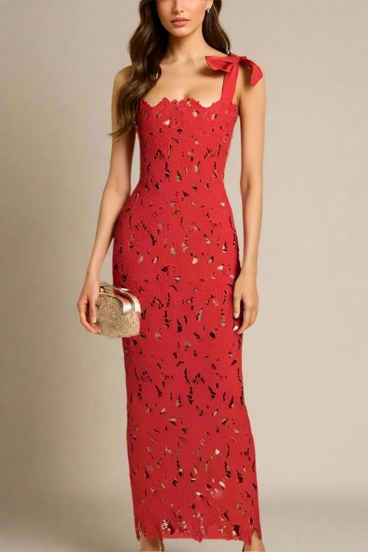 Woman wearing a figure flattering Odette Bodycon Lace Maxi Dress - Lipstick Red BODYCON COLLECTION