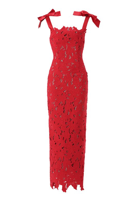Woman wearing a figure flattering Odette Bodycon Lace Maxi Dress - Lipstick Red BODYCON COLLECTION