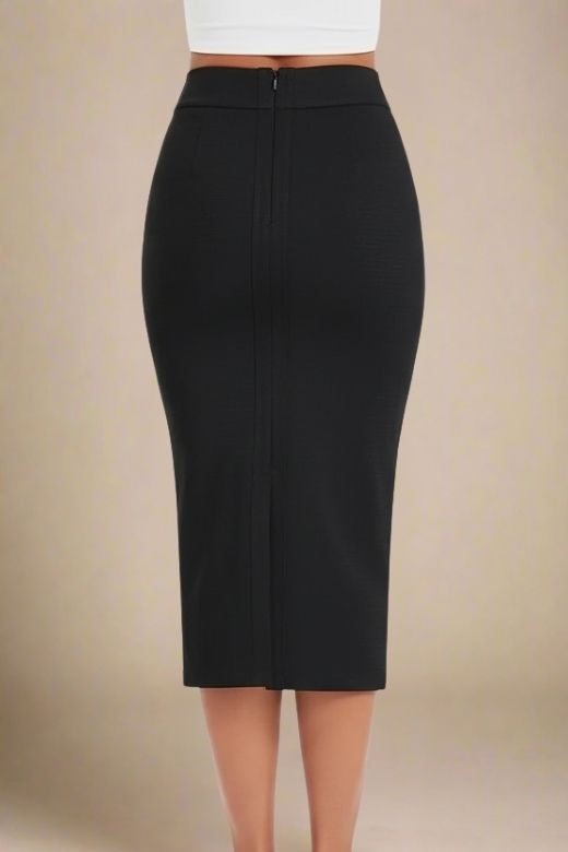 Woman wearing a figure flattering Pencil High Waist Bandage Midi Skirt - Classic Black BODYCON COLLECTION